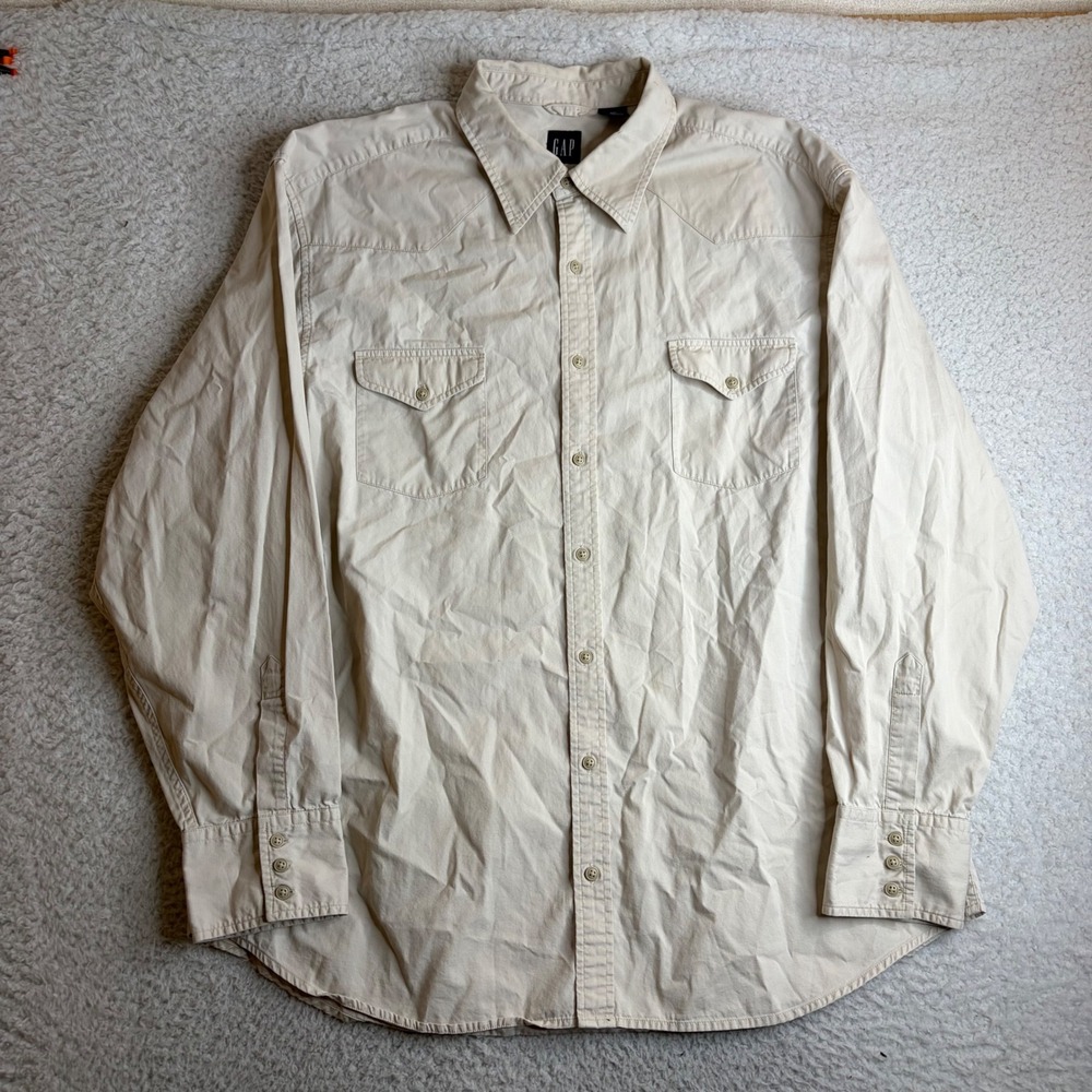 Gap Mens XXL Work Shirt Khaki Tan Long Sleeve Cotton Button Up Yoke Workwear